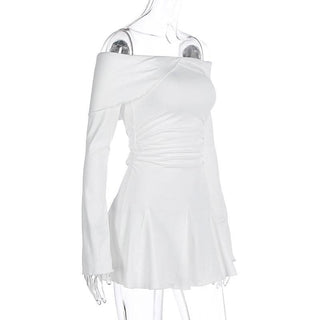 Off shoulder long sleeve ruched ruffle mini dress
