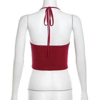Halter ruched hollow out beaded cut out top