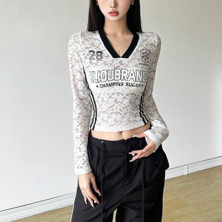 V neck long sleeve lace letter print see through top