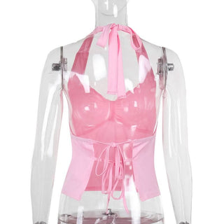 Halter self tie lace v neck ruched backless top