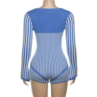 Slit long sleeve deep V neck striped self tie romper