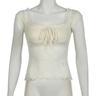 Cap sleeve square neck bowknot lace ruffle top
