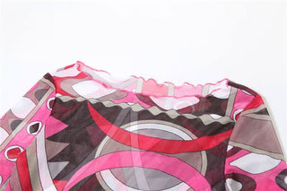 Long sleeve ruffle abstract mesh maxi dress