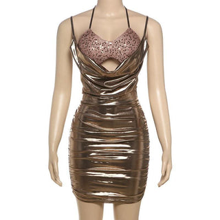 Metallic ruched glitter hollow out halter self tie cut out mini dress