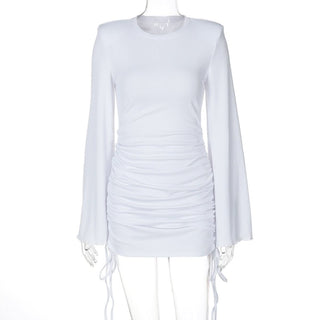 Long flared sleeve crewneck padded drawstring mini dress