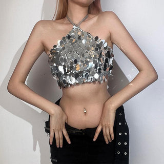Halter self tie glitter backless textured crop top
