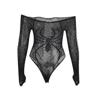Off shoulder long sleeve beaded hollow out fishnet bodysuit