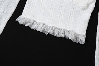 Textured solid long sleeve metal chain lace hem off shoulder top