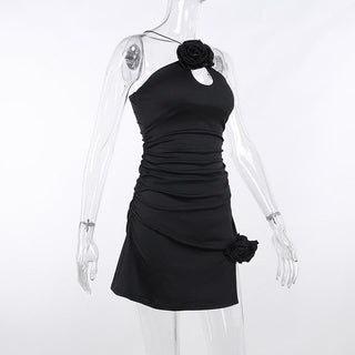 Ruched flower applique hollow out backless slit cut out mini dress