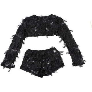 Long sleeve mesh ruffle crop short pant set