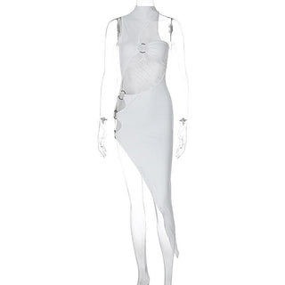 One shoulder high neck o ring irregular midi dress