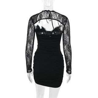 Long sleeve lace hollow out ruched self tie cut out mini dress