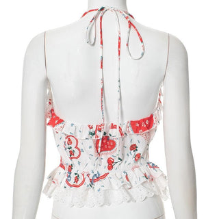 Halter lace hem print ruffle button top