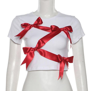 Short sleeve bowknot crewneck contrast top