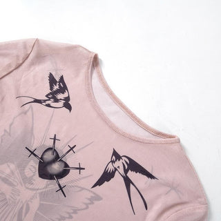 Long sleeve angel print sheer mesh crewneck top