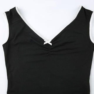 V neck bowknot ruched lace hem top