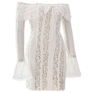 Long flared sleeve off shoulder lace mini dress
