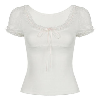 Short puff sleeve bowknot ruffle ribbed top