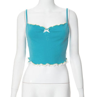 Lace hem ruffle bowknot ribbed cami crop top