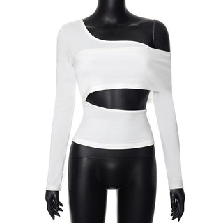 Long sleeve one shoulder hollow out solid irregular backless cut out top