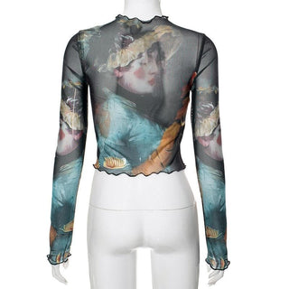 Long sleeve print sheer mesh ruffle crop top
