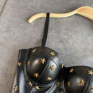 PU leather star applique button cami top