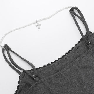 Print lace hem beaded backless cami top