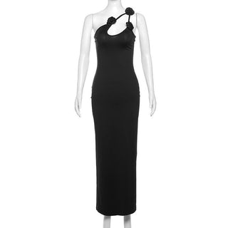 One shoulder flower applique maxi dress