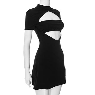 Short sleeve high neck hollow out cut out mini dress