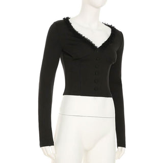 Long sleeve v neck ruffle button top