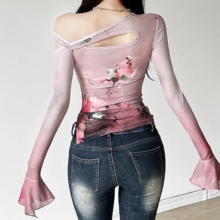 Long flared sleeve sheer mesh print top