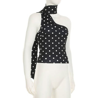 Irregular polka dot halter backless one shoulder top