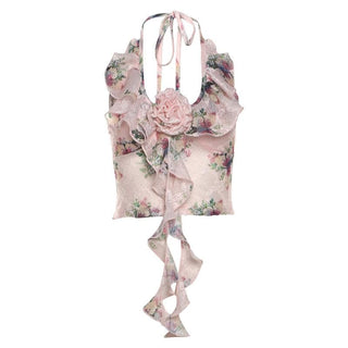 Halter ruffle u neck flower applique print top