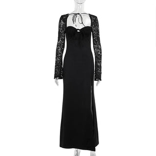 Sweetheart neck long sleeve self tie slit maxi dress-final-sale