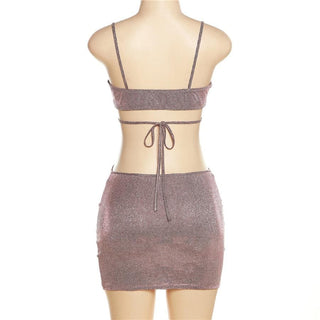 Low cut v neck textured hollow out self tie cami cut out mini dress