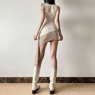 Crewneck irregular hollow out sleeveless solid cut out top