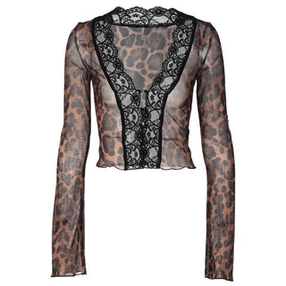Long flared sleeve print lace hem button see through top