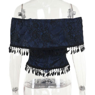 Off shoulder bowknot tassels lace top