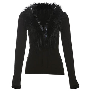 Long sleeve fluffy v neck glitter solid top