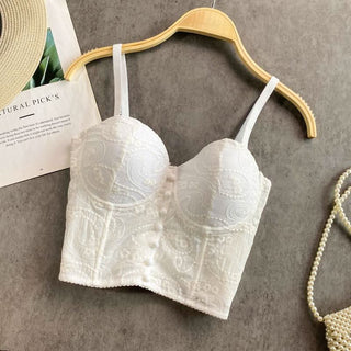 Embroidery v neck backless button cami top