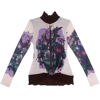 Long sleeve high neck ruffle beaded flower print top