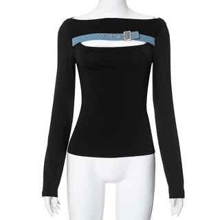 Long sleeve off shoulder buckle hollow out contrast cut out top