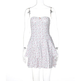 Print sweetheart neck rose applique ruched tube mini dress
