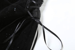 Sweetheart neck velvet lace up mesh beaded mini dress