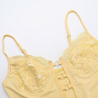 Hollow out v neck lace hem ruched cami mini skirt set