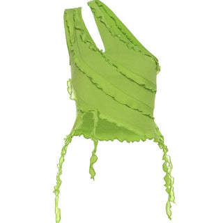 Irregular hollow out ruffle mesh solid one shoulder cut out top