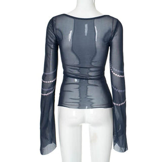 Long flared sleeve u neck beaded print sheer mesh top