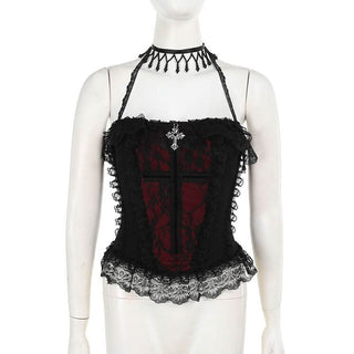 Halter lace hem cross pattern ruffle top