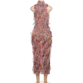 Sleeveless textured ruffle midi dress