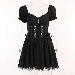 Puff sleeve short sleeve embroidery mini dress
